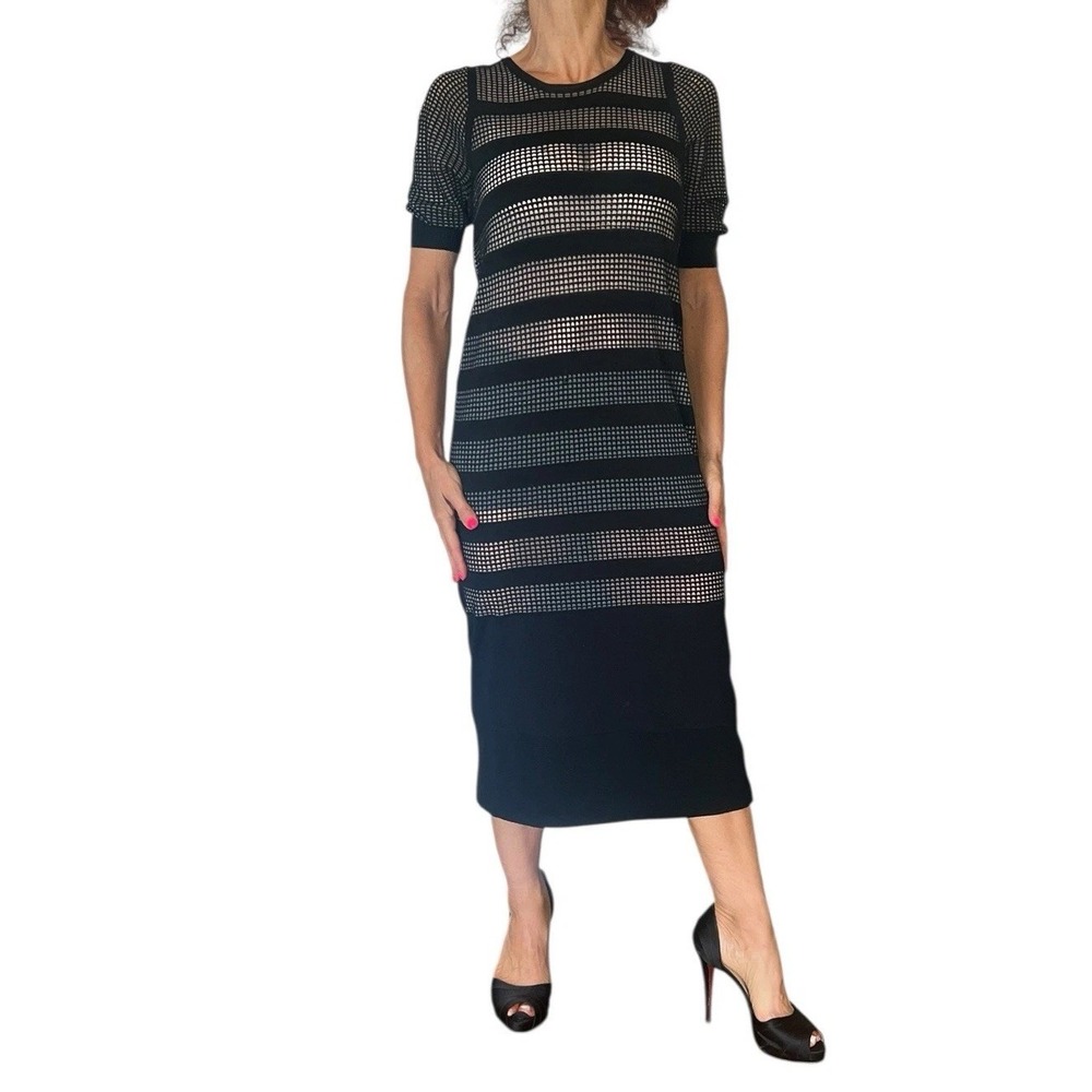 Sonia by Sonia Rykiel Knit Dress Black Striped Mesh Sheer Midi Short Sleeve M